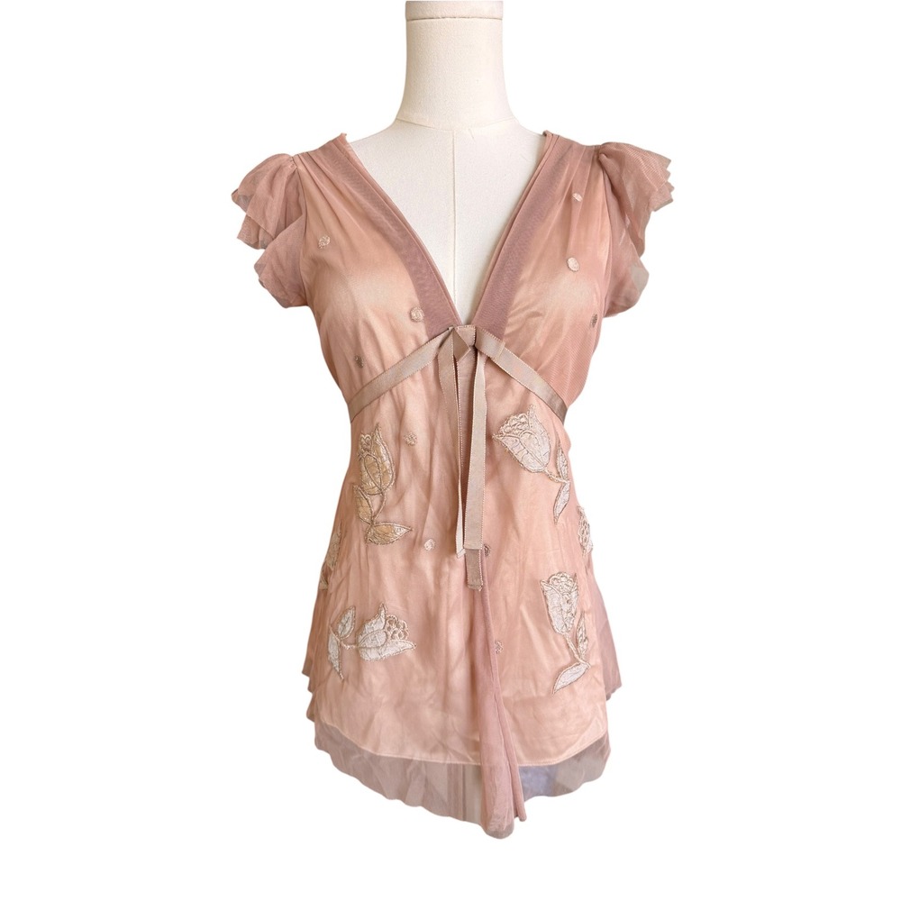 Baraschi Pink Embroidered Floral Mesh Tunic Top Medium